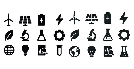 Sustainable energy and science icons: wind, solar, battery, microscopes, and more
