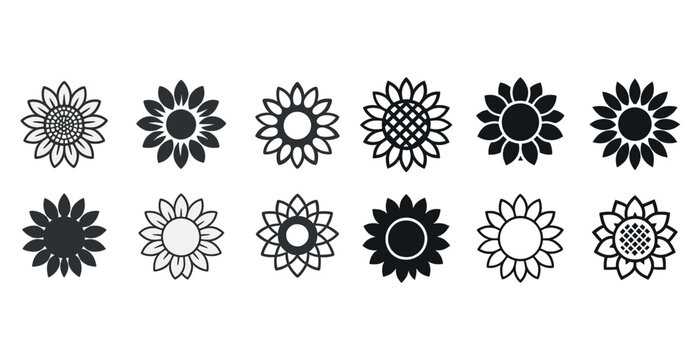 Set of black and white sunflower icons with varied petal designs