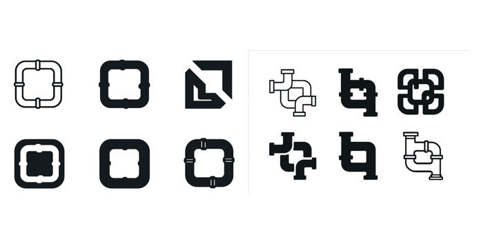 Black and white geometric pipe icon set in various designs