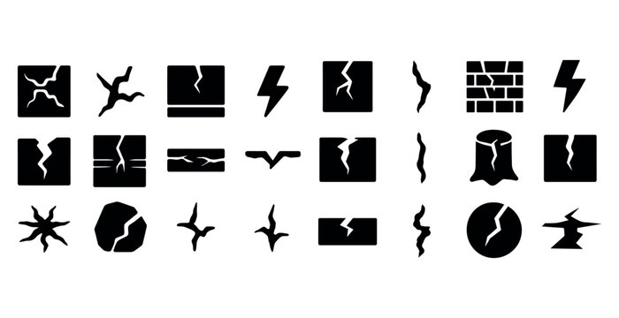 Collection of cracked and broken icon designs in black silhouettes