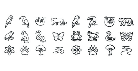 Fototapeta premium Minimalist animal icon set: birds, mammals, reptiles, plants, tracks, butterflies