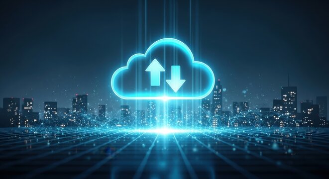 Futuristic Cloud Computing Data Transfer Over City - Powered by Adobe