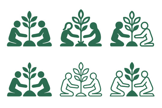 Reforestation Logo Set. Reforestation efforts and tree planting. Icon set. Set Logo of Reforestation efforts and tree planting: Tree with roots. harmonious