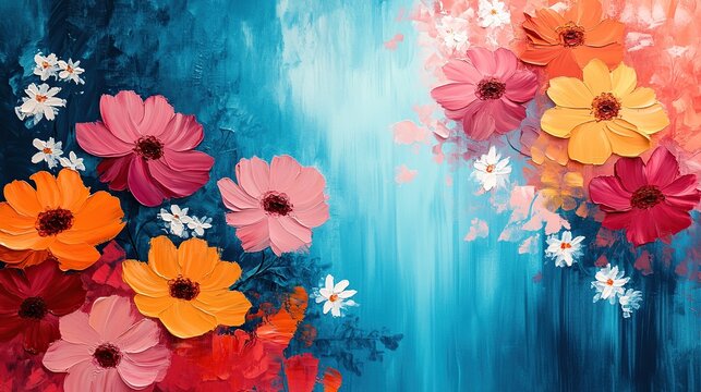 A vibrant and colorful abstract painting of a bouquet of blooming flowers in shades of pink, orange, and yellow, set against a textured teal and coral background.