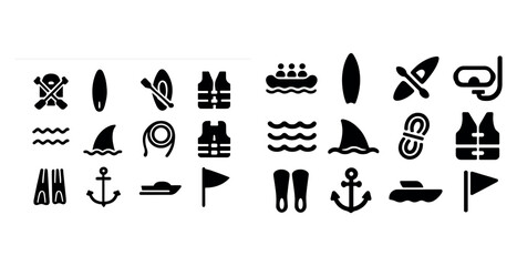 Set of nautical and water sports icons featuring sharks, anchors, surfboards, and life jackets