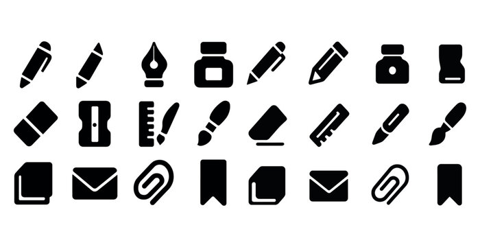 Set of black academic icons featuring stationery tools and office supplies