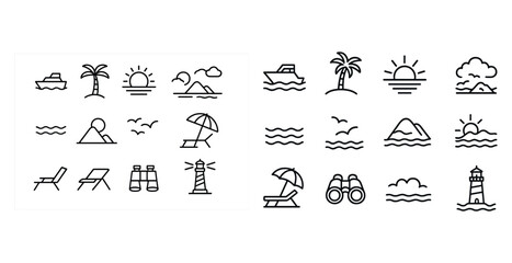 Fototapeta premium Minimalist beach icons: palm trees, boats, sunsets, waves, lighthouses, mountains