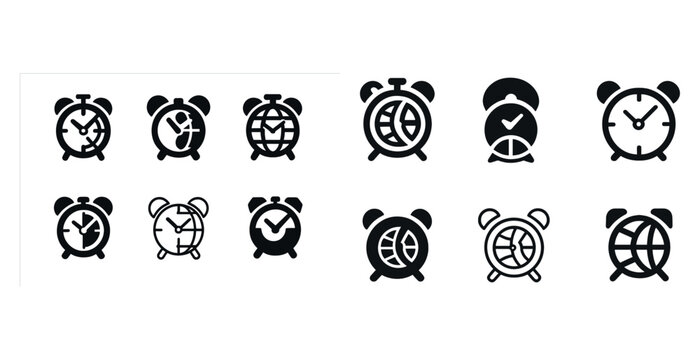 Set of alarm clock icons with global and checkmark variations in black