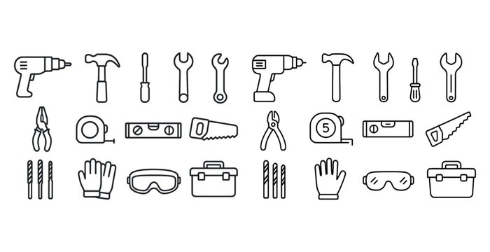 Outlined icons of various hand and power tools for construction and repair