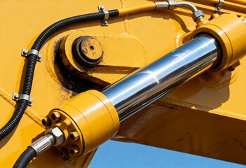 Close-up of a powerful hydraulic cylinder on yellow heavy machinery. Detail of an industrial construction equipment arm with a chrome piston