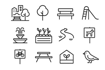 Fototapeta premium Urban Green Icon Set. Urban green spaces. Line icon set of urban green spaces: city park, tree, bench, playground, fountain, community garden bed, walking