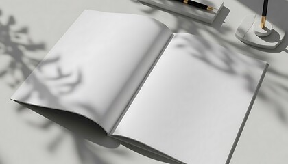 Minimalist workspace with an open blank magazine mockup under the gentle shadow of leaves, ideal for creative projects and presentations