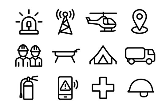 Disaster Response Icons. Disaster response. Line icon set of disaster response: siren, radio tower, helicopter, map pin, rescue team, stretcher, tent, water