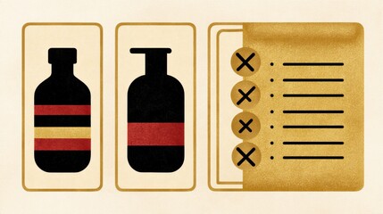 Creative Design Showcasing Two Beverage Bottles and a Checklist With Crossed-Out Items for a Product Selection Process