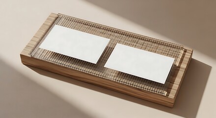 Clean white rectangular business cards displayed on a minimalist wooden tray with subtle lighting and shadows