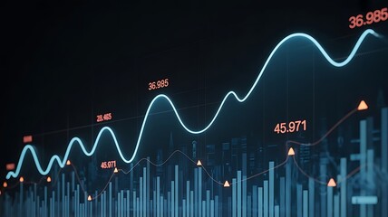 Financial market data analysis with glowing 3D bar and line charts on dark background showing economic trends and growth concept visualization. 3D.