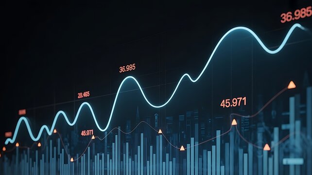 Financial market data analysis with glowing 3D bar and line charts on dark background showing economic trends and growth concept visualization. 3D.
