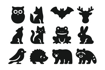 Obraz premium Twilight Animal Icons. Twilight Animals. Solid icon set of Twilight Animals: owl, fox, bat, deer, wolf, cat, frog, rabbit, bird, hedgehog, bear, raccoon.