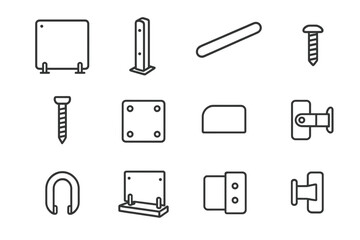 Glass Fence Icons. Glass fence. Line icon set of glass fence: glass panel, post, handrail, bolt, screw, base plate, end cap, deck, wall bracket, safety clip,