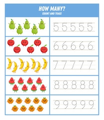 How Many fruits. Count and trace the numbers worksheet. Activity page with cute fruit. Math for preschool kids. Handwriting practice. Vector illustration