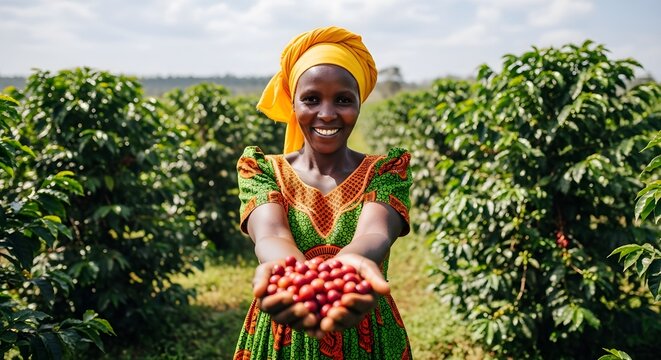 Happy Farmer Holding Coffee Cherries in African Coffee Plantation