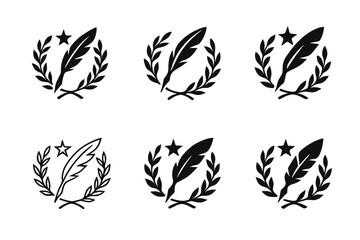 Poetic Expression Logos. Poetic expression. Icon set. Set Logo of poetic expression: laurel wreath encircling a quill and star. harmonious logo variations of