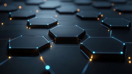 Obraz premium Abstract Dark Hexagonal Network with Glowing Blue and Orange Connections
