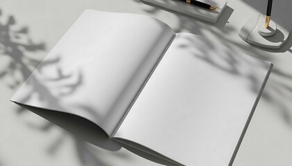 Clean Blank Open Magazine Mockup on a Minimalist White Desk with Natural Plant Shadows, Perfect for Creative Design and Branding Presentation