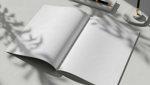 Clean Blank Open Magazine Mockup on a Minimalist White Desk with Natural Plant Shadows, Perfect for Creative Design and Branding Presentation