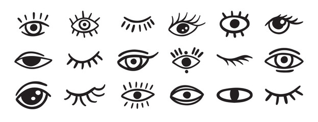 eyes and lashes doodle hand drawn icon set. Outline drawing line clipart symbol collection