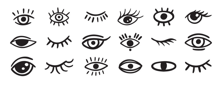 eyes and lashes doodle hand drawn icon set. Outline drawing line clipart symbol collection