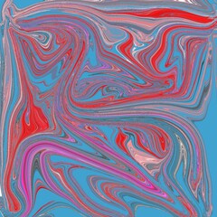 image appears to be an abstract digital artwork featuring swirling, fluid patterns. Bright red, pink, gray, and white streaks flow dynamically across a vivid blue background, creating a sense of motio