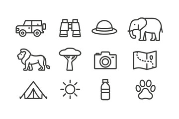 Plakat Safari Adventure Icons. Safari adventure. Line icon set of safari adventure: jeep, binoculars, hat, elephant, lion, tree, camera, map, tent, sun, water bottle,
