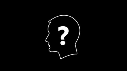 Thinking Head with Question Mark Animation with alpha channel on transparent background. It features a minimalistic animated silhouette of a human head with a bold question mark inside.