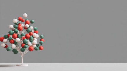 Minimalist geometric sculpture with colorful spheres on neutral background