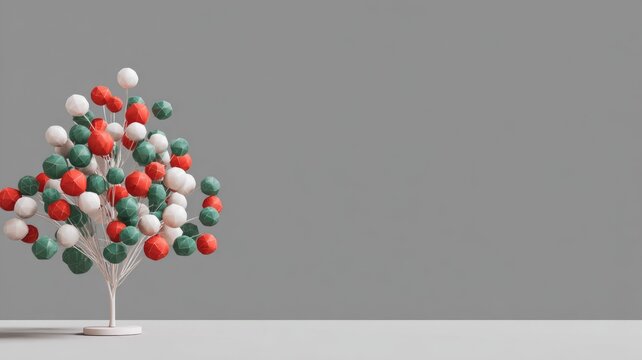 Minimalist geometric sculpture with colorful spheres on neutral background