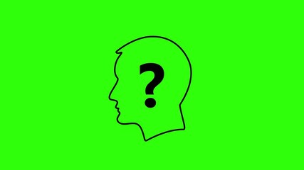 Thinking Head with Question Mark Animation with alpha channel on transparent background. It features a minimalistic animated silhouette of a human head with a bold question mark inside.