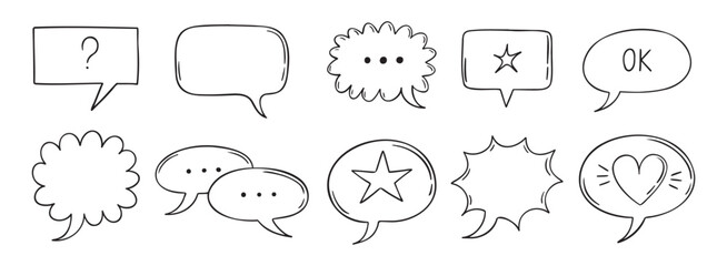 Obraz premium Outline comic speech bubbles set. Dialogue, doodle chat communication, discussion element. Message frame symbol drawing