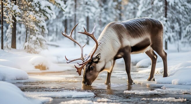 Reindeer drinking from icy river in snowy winter wonderland of Lapland Finland