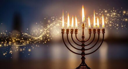 A bright Hanukkah menorah, with nine golden candles shining. This celebrates the Jewish Festival of Lights, bringing immense joy and cherished tradition, a spiritual glow.