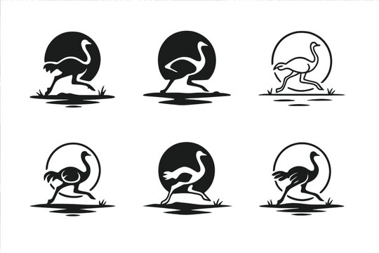 Ostrich Logo Set. Ostriches. Icon set. Set Logo of ostriches: ostrich running across savannah horizon. harmonious logo variations of the same emblematic