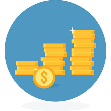 Golden coins stacked in increasing piles and one coin in front against a blue circle background illustrating financial growth and wealth accumulation with sparkling highlights