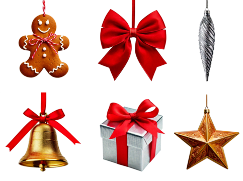 Christmas ornaments (baubles) and festive elements collection, including a gingerbread man, bells, a star, ribbons, a silver gift box, and an icicle with transparent background, png image