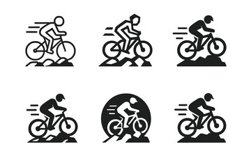 Naklejka premium Mountain Biking Icons. Mountain biking. Line icon set of mountain biking: mountain bike, uphill trail, downhill trail, biker helmet, water bottle, chain,