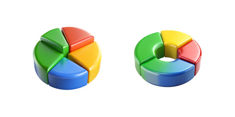 3D pie charts isolated on white background, multicolor sections in yellow, red, green and blue, smooth glossy surfaces with deep circular bases.