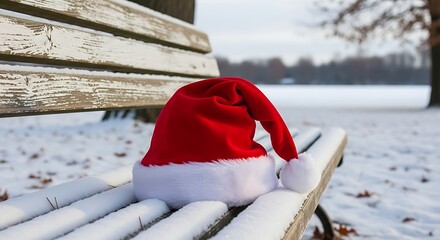 Santa hat rests on a snow covered park bench in a winter wonderland scene