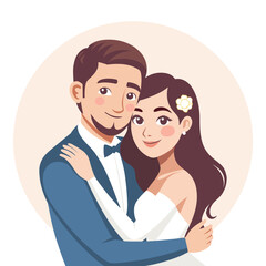 Happy wedding couple embracing. Bride and groom. Illustration.