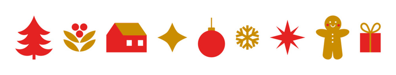 Christmas cute icons elements collection. Red and golden Christmas decoration border. PNG illustration on transparent background.