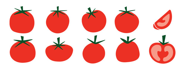 Flat tomato icons set, red tomato illustrations with green stems, fresh food elements
