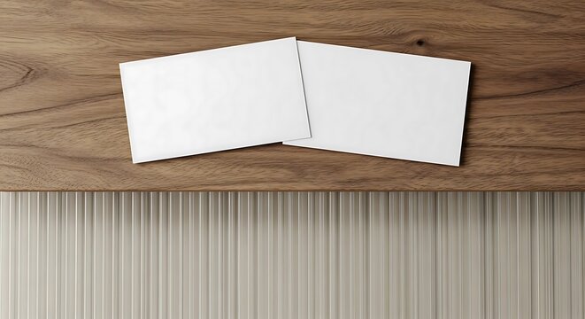 Blank white business cards arranged on a wooden surface with a textured background, perfect for mockups and design presentations